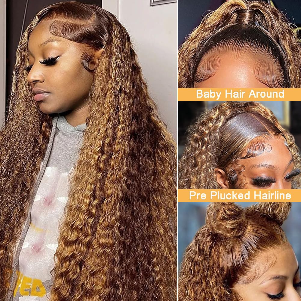 13x6 Highlight Lace Front Wig Human Hair 30inch 4/27 Ombre Deep Wave Lace Front Wig Human Hair Pre Plucked With Baby Hair 180% Density Honey Blonde Curly Human Hair Glueless Wigs (30 inch)