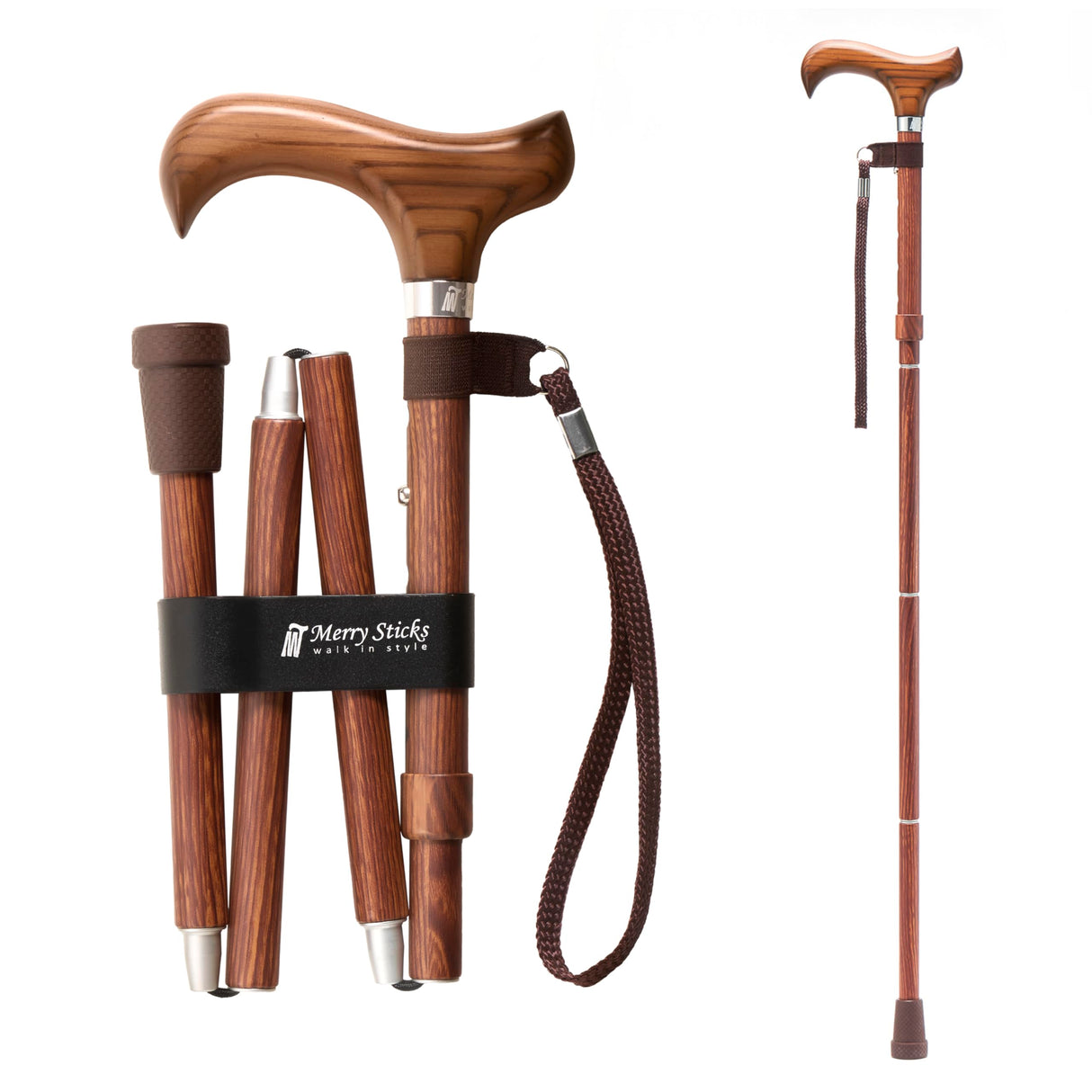 Merry Sticks Lightweight Foldable Walking Canes for Women and Men, Adjustable & Collapsible Walking Stick for Seniors, Balancing Mobility Aids, Ergonomic Handle & Wrist Strap - Sen Wood
