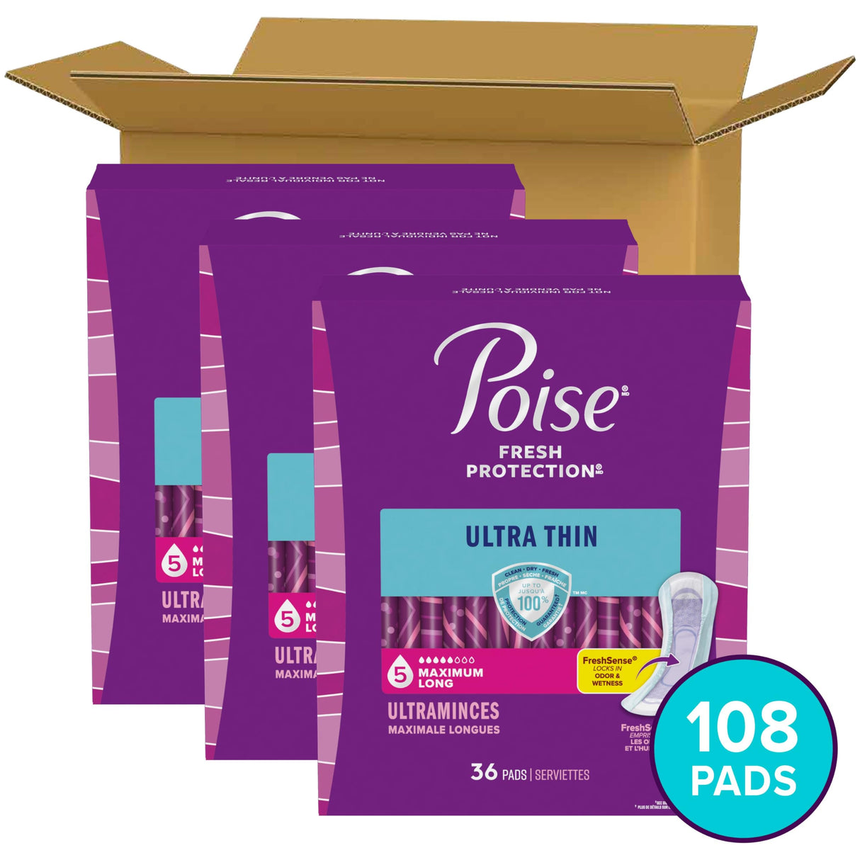 Poise Ultra Thin Incontinence Pads & Postpartum Pads for Bladder Leaks, 5 Drop Maximum Absorbency, Long Length, 108 Count, Packaging May Vary