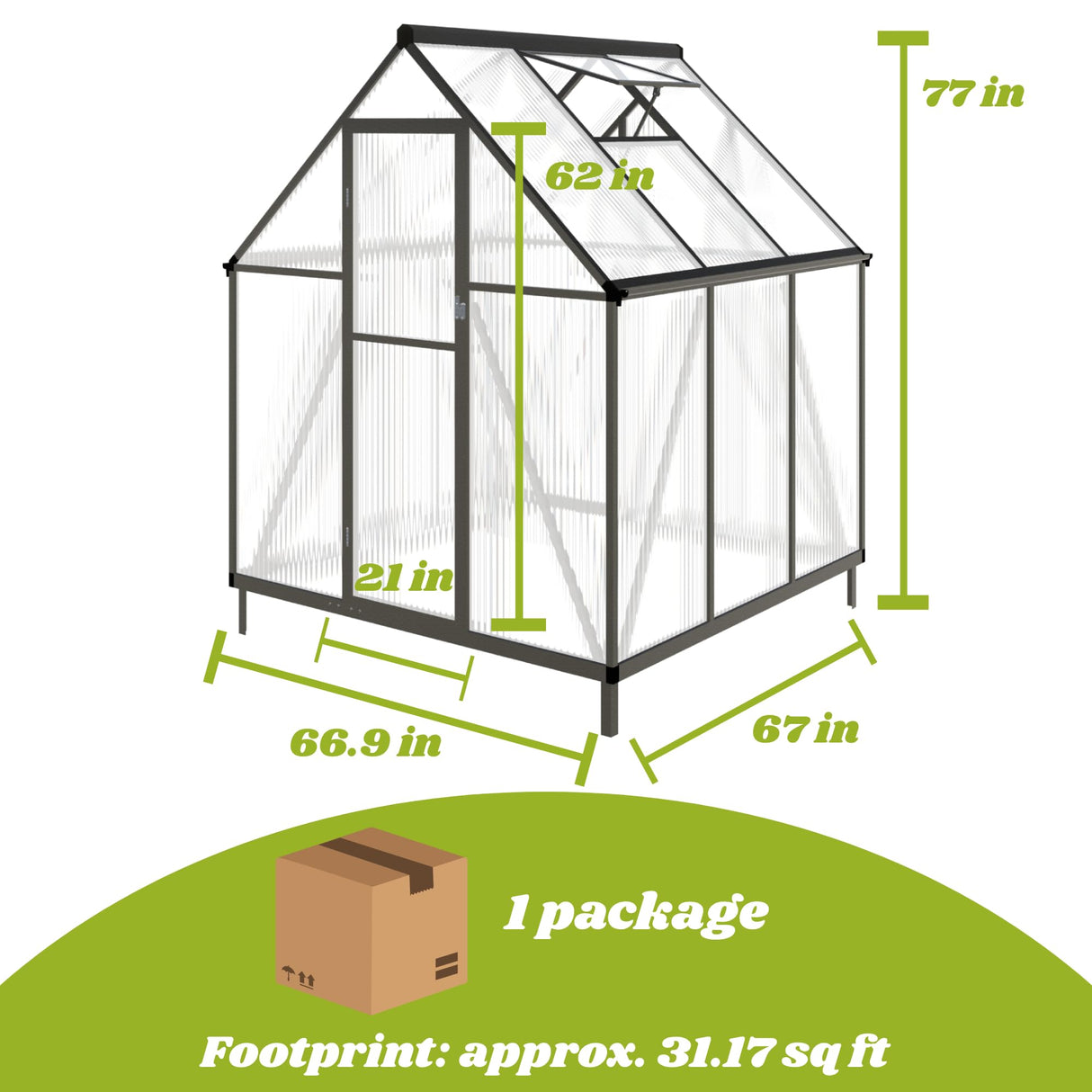 6x6 FT Greenhouse for Outdoors, Polycarbonate Greenhouse with Quick Setup Structure and Roof Vent, Aluminum Large Walk-in Green House for Outside Garden Backyard, Dark Gray