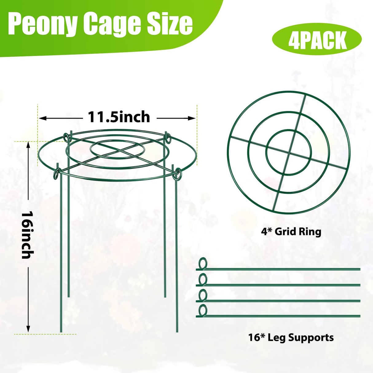MJZ 4 Pack Peony Cages and Supports, 11.5" Dx16 H Metal Plant Supports