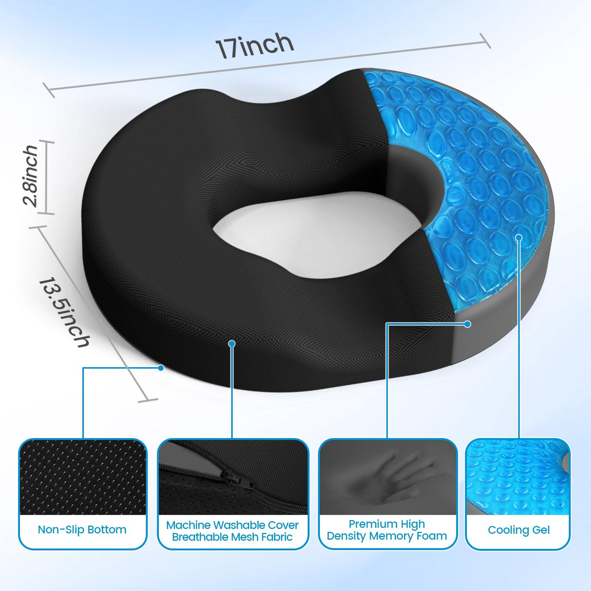 CushZone Donut Pillow Seat Cushion - Memory Foam Cooling Gel Lifting Cushion for Office & Home Chair, Car Seat, Wheelchair, Hemorrhoids Pillow, Sciatica & Tailbone Pain Relief Chair Cushion, Black