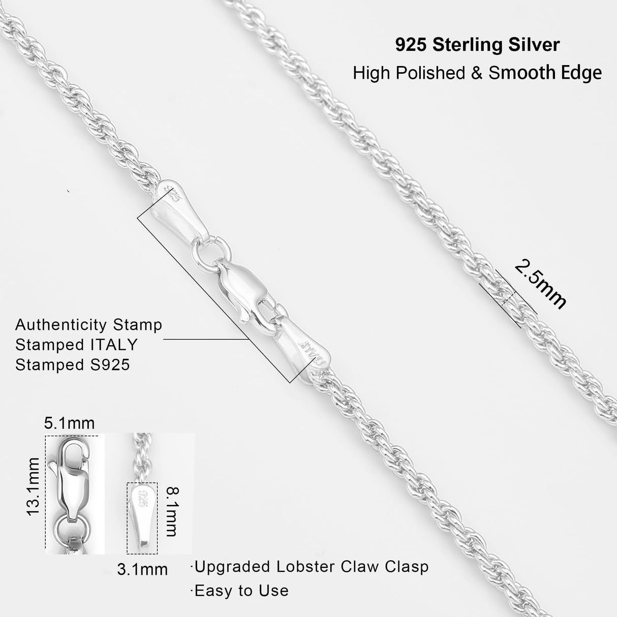 925 Sterling Silver Rope Chain 2.5mm Silver Chain Necklace for Men Women24