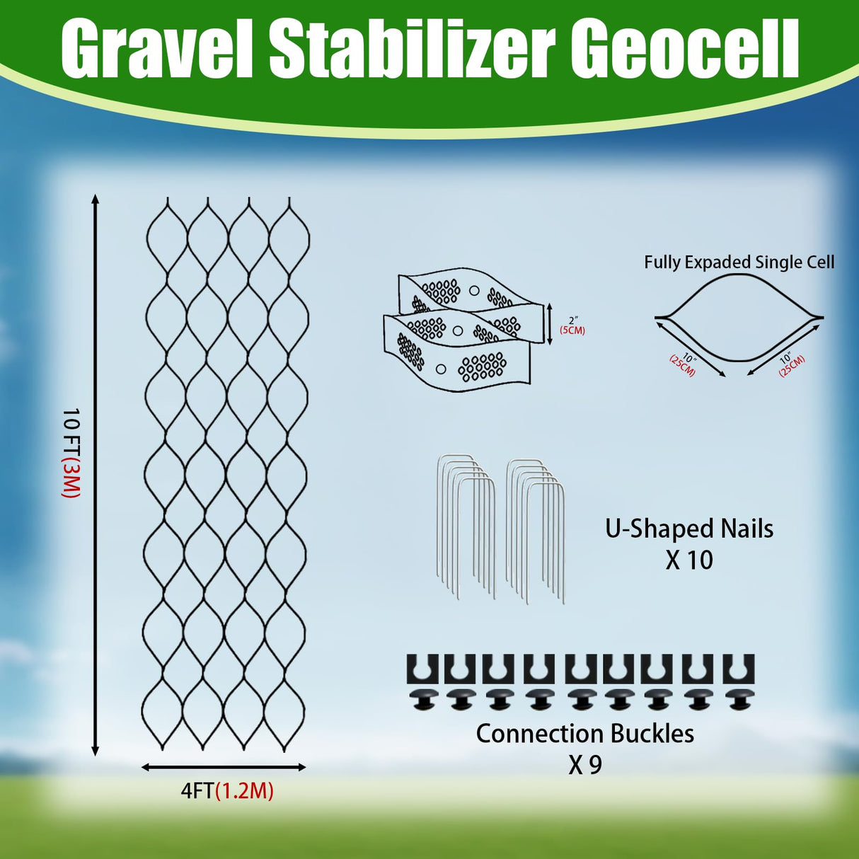 2" Thick Gravel Ground Grid 4ft x 10ft - Geo Grid Driveway Stabilization Grids, Gravel Retainer Grid 1885 LBS Per Sq ft, Geocell Geogrid for Walkway Driving RV Parking Slopes and Garden