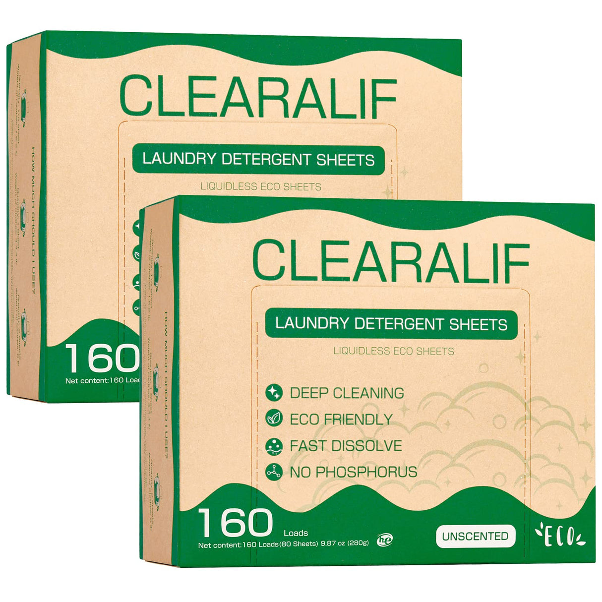 CLEARALIF Laundry Detergent Sheets up to 320 Loads (160 sheets), Unscented, Laundry Detergent Strips Eco Friendly & Hypoallergenic (160 Count,Pack of 2)