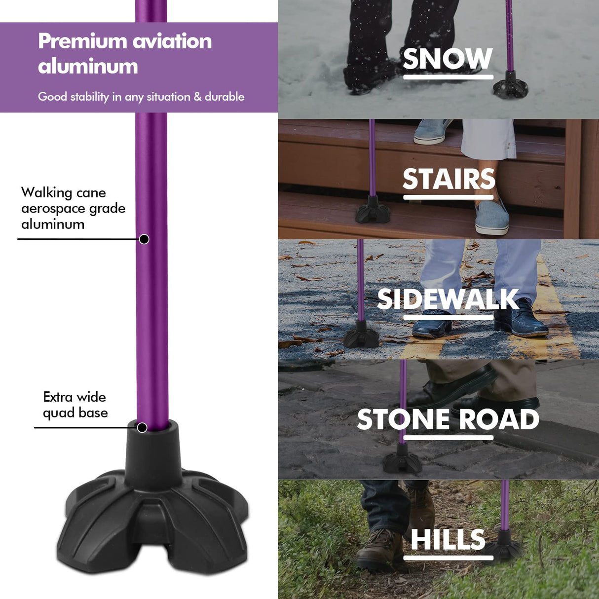 GPTCAMP G1 Walking Stick, Walking Cane for Women & Men with Wrist Strap, Lightweight & Sturdy Offset EVA Handle, Large Quad Base, Self Standing for Seniors and People with Injuries & Recovery