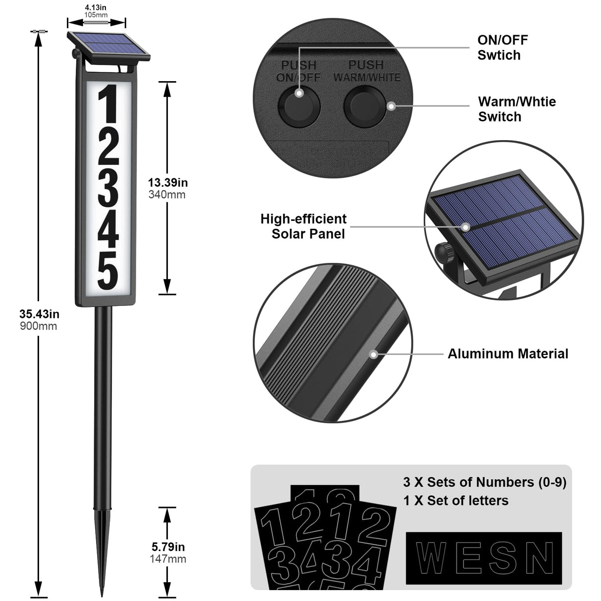 Eyrosa Solar Illuminated LED Lighted Address Sign, House Numbers for Outside Yard Home, Numbers Plaque Outdoor Waterproof, Black