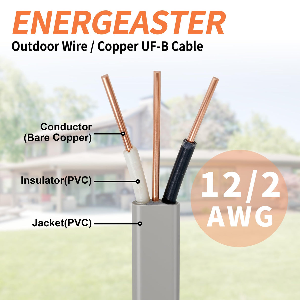 12/2 UF-B Wire 50 FT Pure Copper Direct Burial Cable, Sunlight & Moisture Resistant, Ideal for Outdoor Lighting & Pump Installations & Residential Indoor Electrical Projects