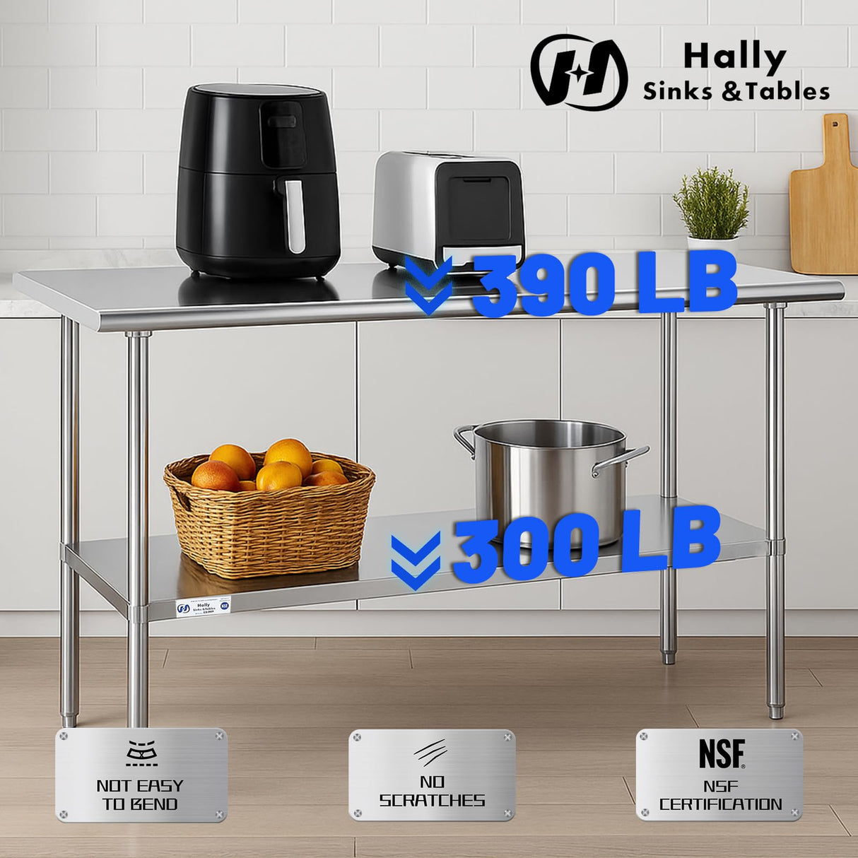 Hally Stainless Steel Table for Prep & Work 18 x 48 Inches, NSF Commercial Heavy Duty Table with Undershelf and Galvanized Legs for Restaurant, Home and Hotel