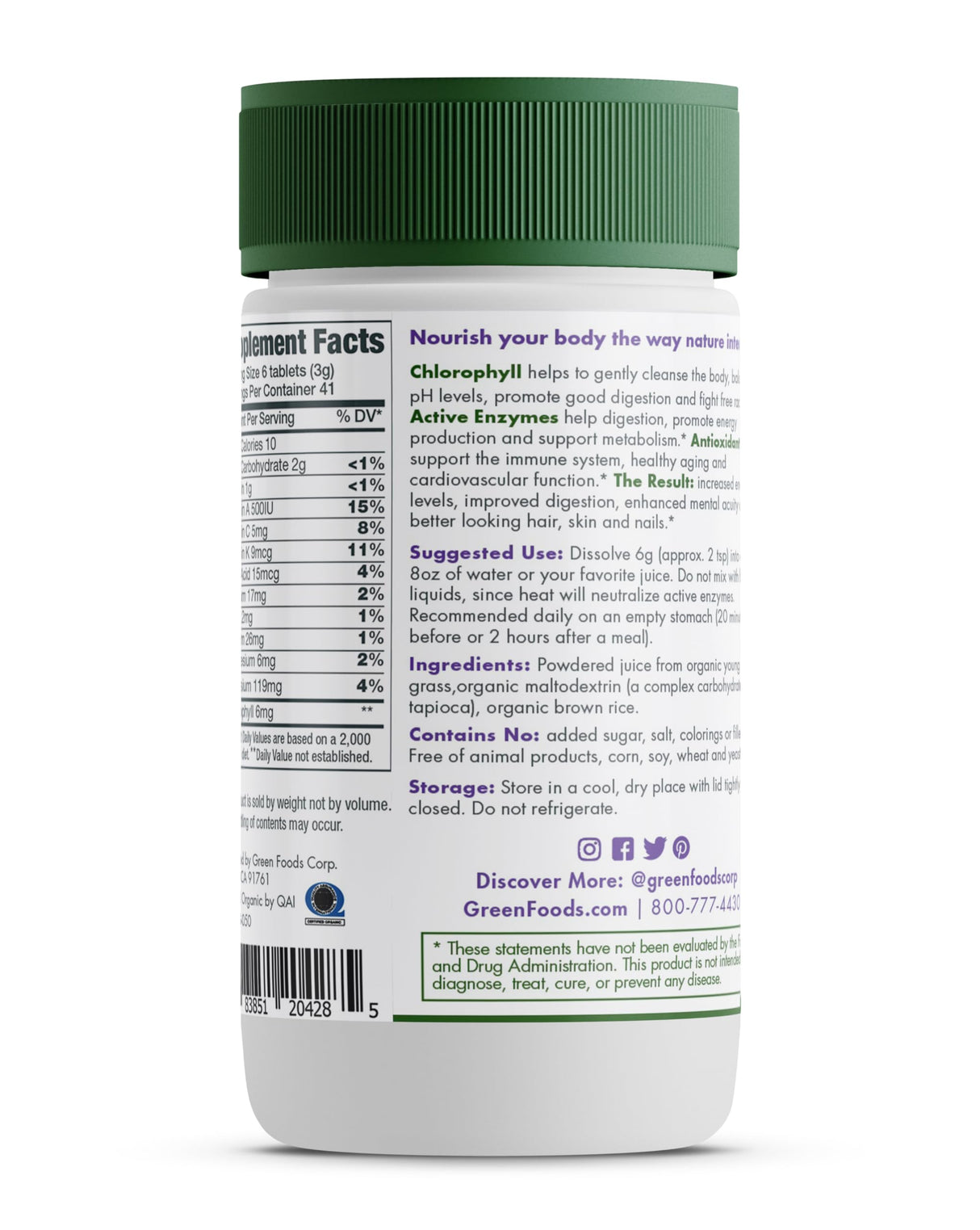 Green Foods Original Green Magma Barley Grass Nutritional Supplement, 250 Tablets (500mg Ea) Certified Organic