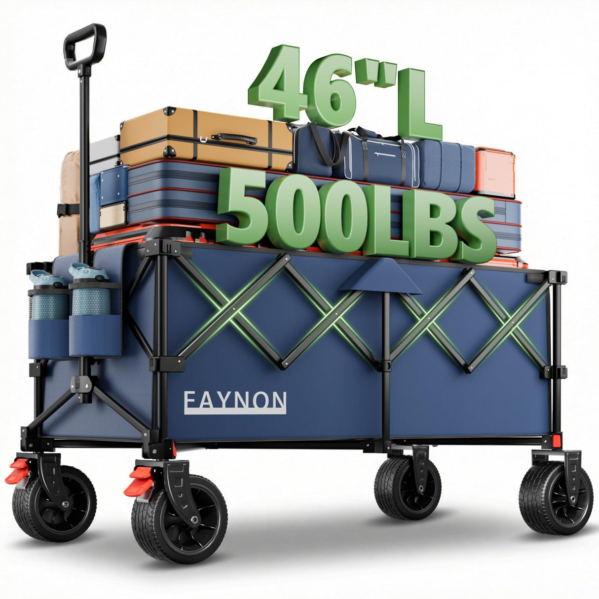 46" L Collapsible Foldable Extended Wagon, 500LB Weight Capacity with 280L Heavy Duty Folding Cart,Utility Wagon with All-Terrain Beach Wheel & Drink Holders,Blue