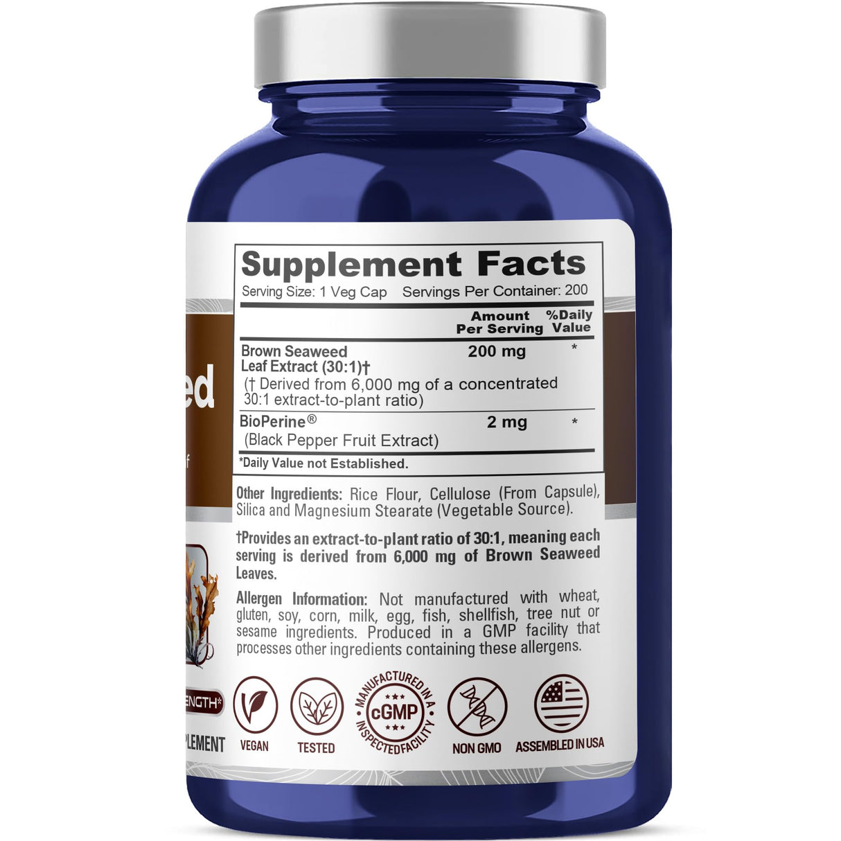 NusaPure Brown Seaweed 30:1 Extract, 200 mg Equivalent to 6,000 mg 200 Veggie Capsules - (Vegan, Non-GMO Bioperine)