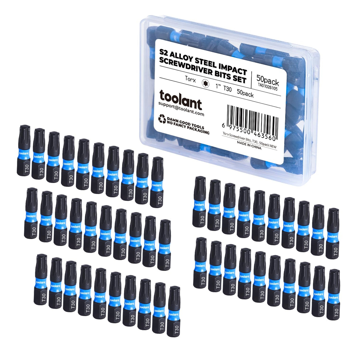 Toolant 1' Impact Torx Bits 50 Pack (T30), 1/4' Hex-Shank S2 Steel Screwdriving Star Bits, CNC Machined Tips, with Storage Box