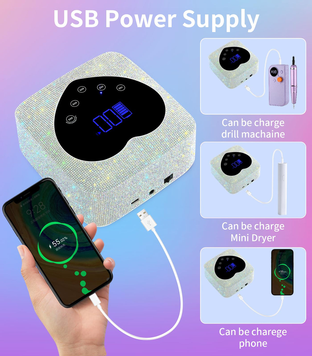 HUGMAPLE Cordless UV Nail Lamp for Gel Nails 72W, Rechargeable Diamond LED Nail Dryer with 5 Timer Setting, Touch Control & Auto Sensor, Fast Nail Light Curing Lamp for Salon & Home