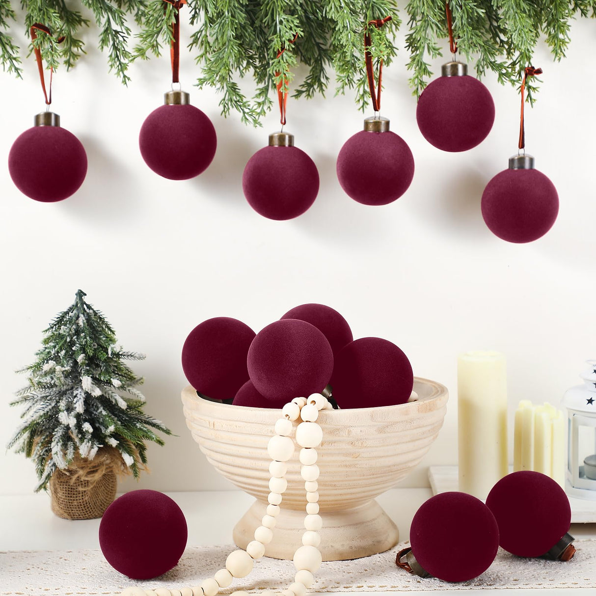 Liliful 15 Pcs Velvet Christmas Balls Bulk Flocked Christmas Tree Ball Ornaments Plastic Xmas Decorative Hanging Ornaments (Burgundy)