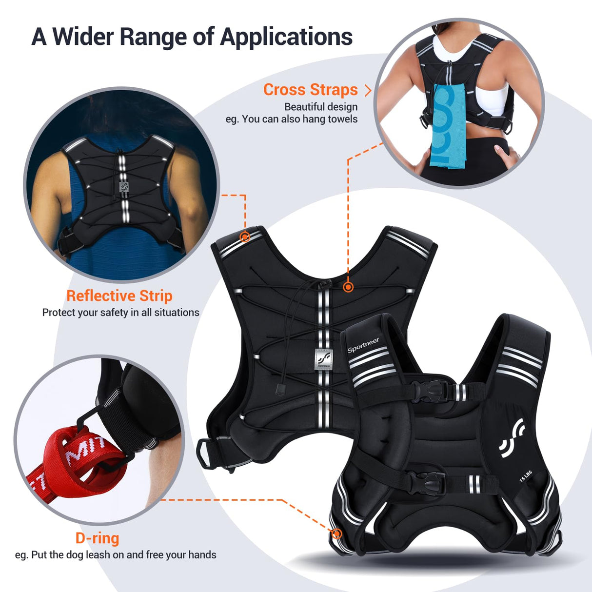 Weighted Vest for Men and Women: Sportneer 15lbs Weight Vest with Reflective Stripe Running Vest with Large Pocket for Cardio Workout Strength Training Fitness Muscle Building Weight Loss Weightlifting Black