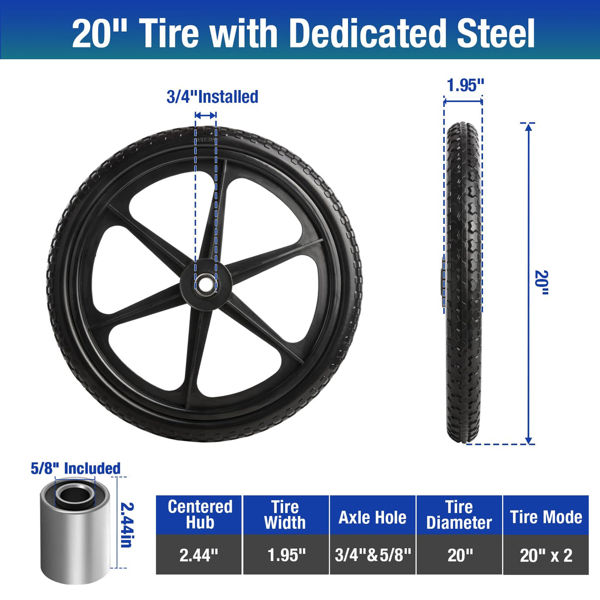 Jinleader 2 PCS 20" PU Flat Free Tire with 3/4'' and 5/8'' Bearings, Non-inflated Tires and Wheels, 20x2 Inch Wheel for Wheelbarrow, Carts, Garden Trailers