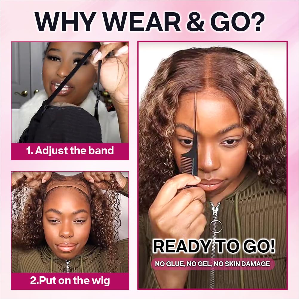 Ailwelia Highlight Ombre Curly Bob Wig Glueless Pre Plucked 4/27 5x5 Hd Lace Wear And Go Closure Bob Wigs For Black Women Honey Blonde Short Deep Wave Bob Wig Glueless 200% Density 14 Inch