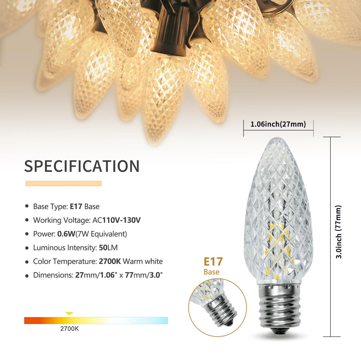 50PACK C9 Christmas Lights LED Replacement Bulbs,Shatterproof & Waterproof Plastic C9 Led Bulbs for Outdoor String Lights, E17 Base, 0.6W Equivalent to 7W, Warm White 2700K, 50LM Holiday Decoration