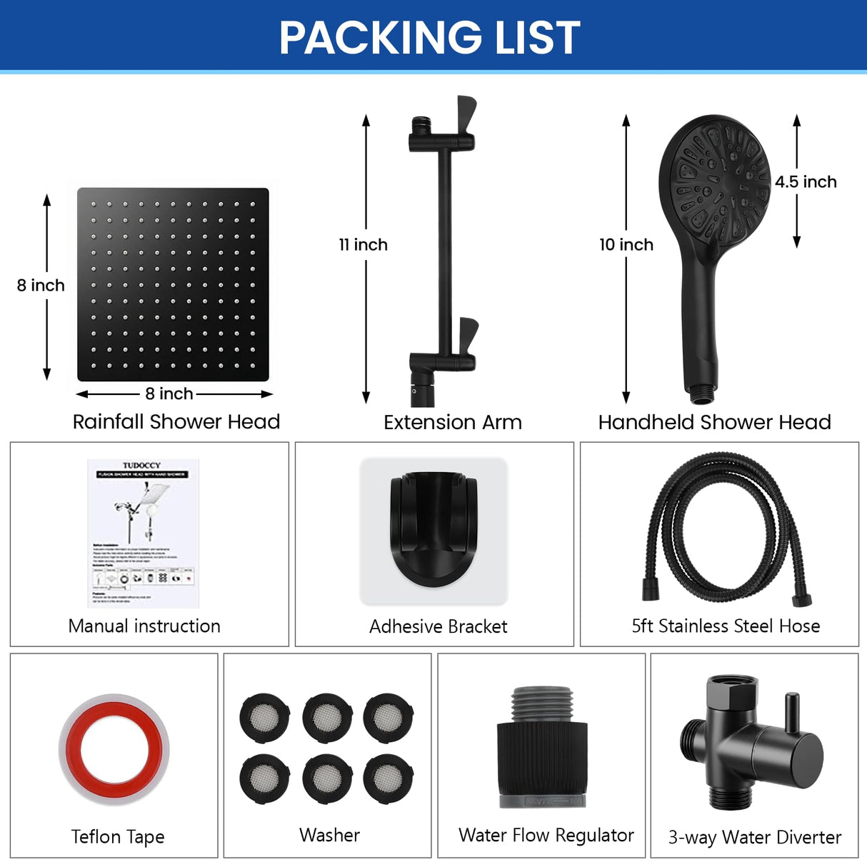 Tudoccy Shower Head, 8ββ High Pressure Rainfall Shower Head/Handheld Shower Combo with 11'' Extension Arm, 9 Settings Anti-leak Shower Head with Holder, Height/Angle Adjustable, Matte Black