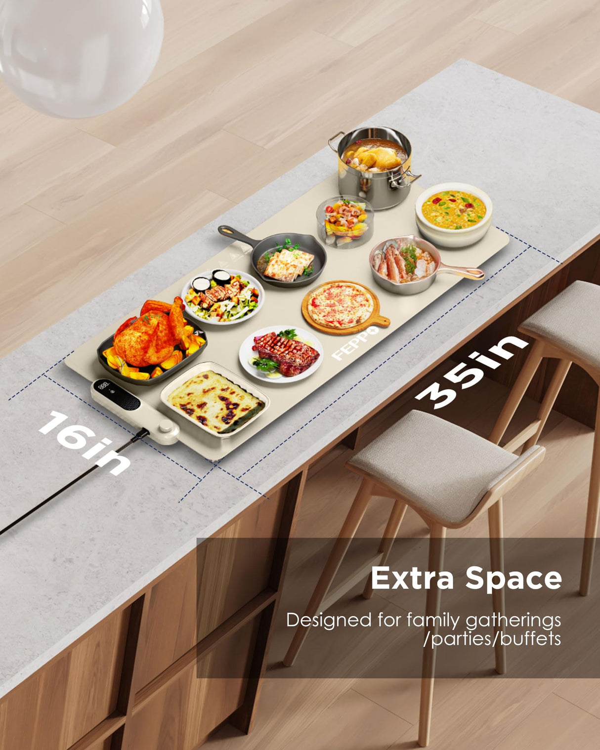 FEPPO Food Warming Mat, (XXL 35”x16”) Electric Warming Trays for Buffets Party, Fast Full-Surface Heating Mat for Food with 19 Level Adjustable Temperature and 6 Hours Timer, Roll Up Food Warmer