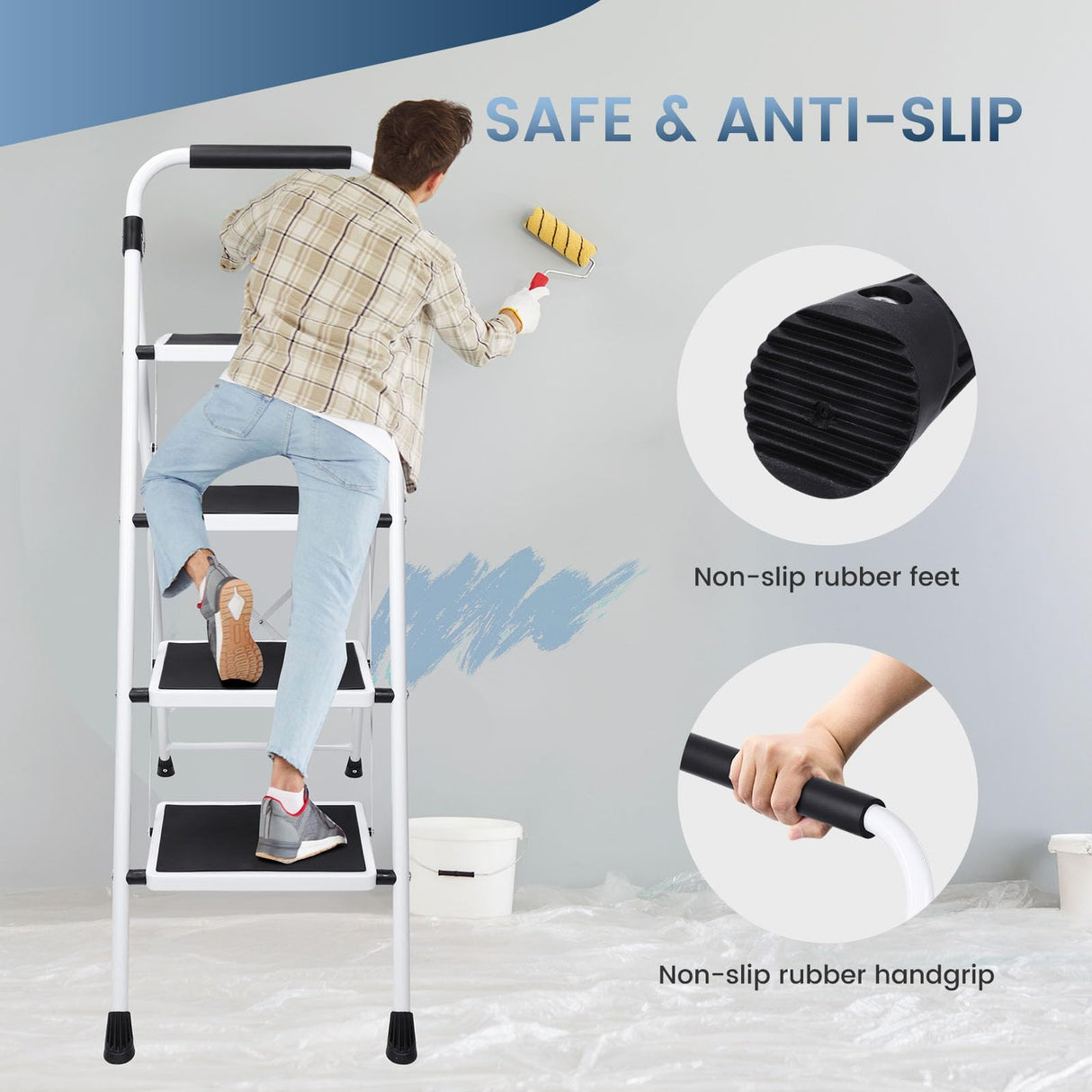 OLIXIS Step Ladder, 4 Sturdy Step Stool with Anti-Slip Pedal & Handrail
