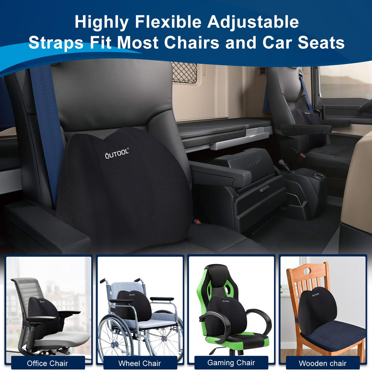 QUTOOL Lumbar Support Pillow for Office Chair, Memory Foam Low Back Support,Back Pain Relief, Ergonomic Large Back Cushion for Desk Chair,Gaming Chair,Adjustable Strap and Washable Cover