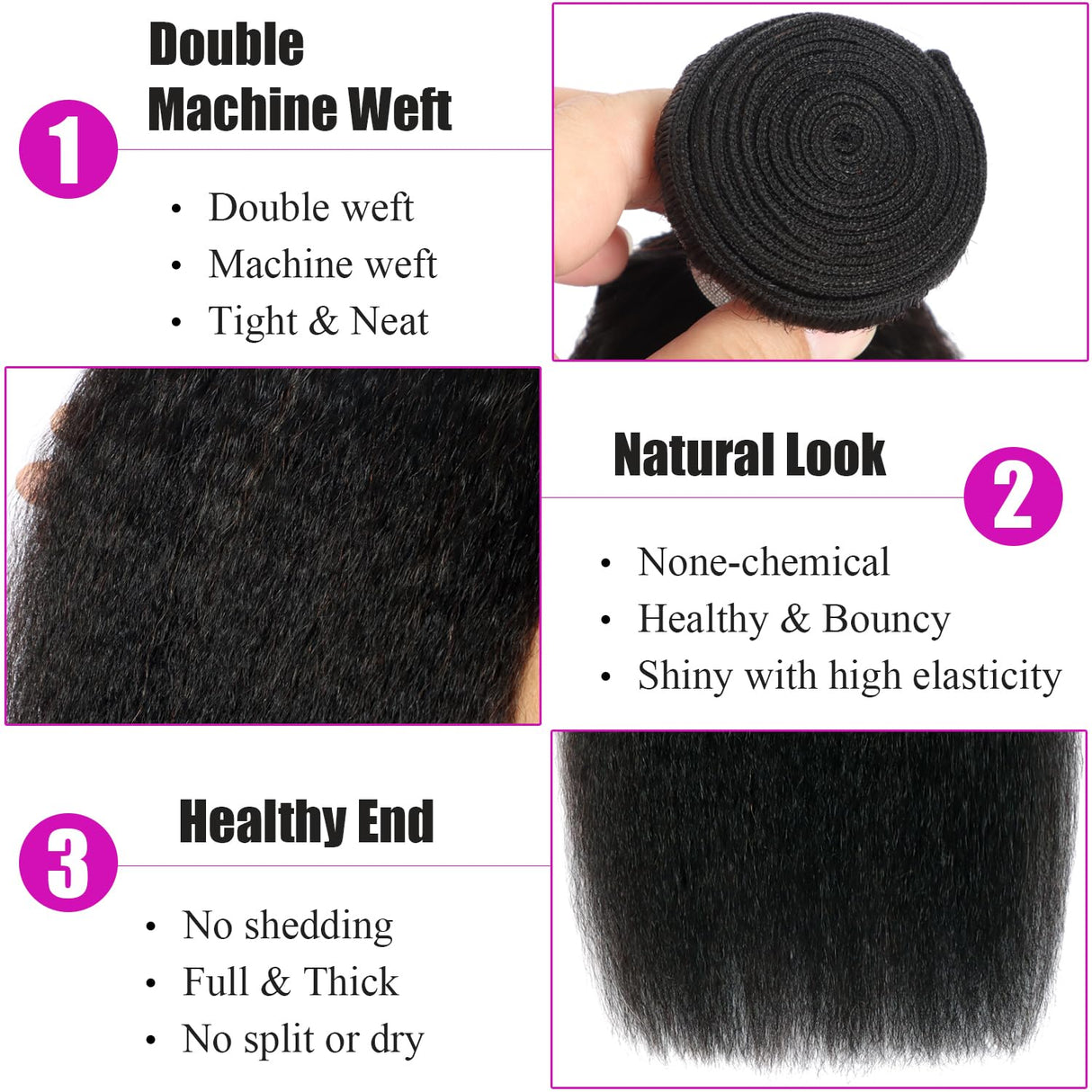 Kinky Straight Bundles Human Hair 18 20 22 Inch Yaki Straight Bundles Human Hair 3Pcs Sew in Kinkystraight Remy Hairs Extension 12A 100% Unprocessed Brazilian Virgin Hair Weave Natural Color