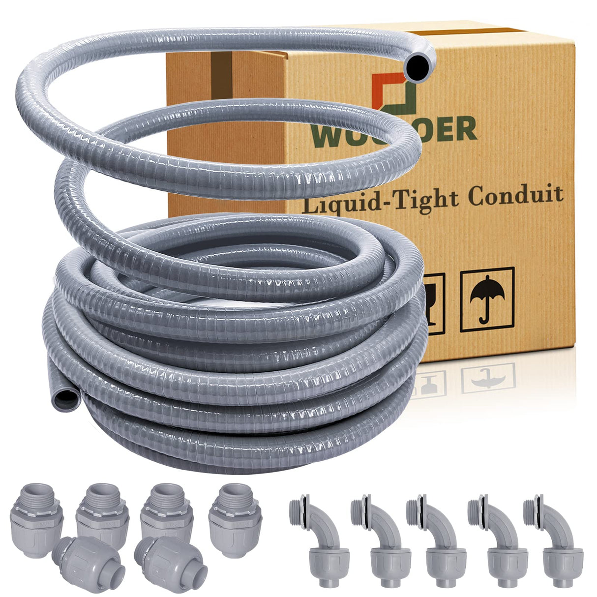 Wocloer Liquid-Tight Conduit - 1/2inch 75 Foot Flexible Non Metallic Liquid Tight Electrical Conduit Kit, With 6 Straight and 5 90-Degree Conduit Connector Fittings.1/2" Dia