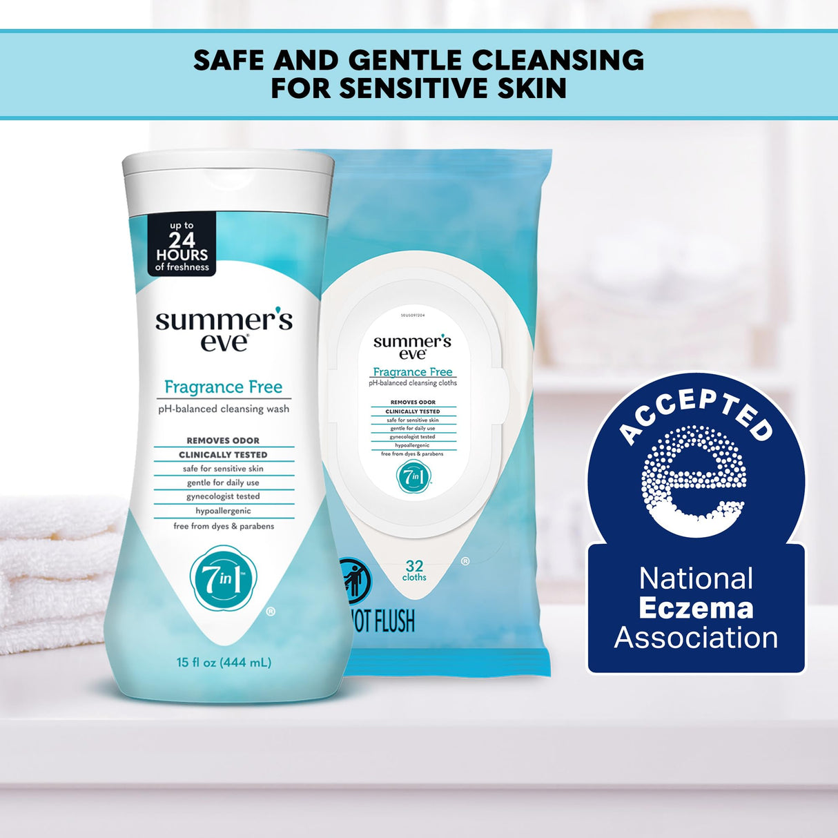 Summer's Eve Fragrance Free Gentle Daily Feminine Wipes, Removes Odor, pH balanced, 32 Count, 4 Pack