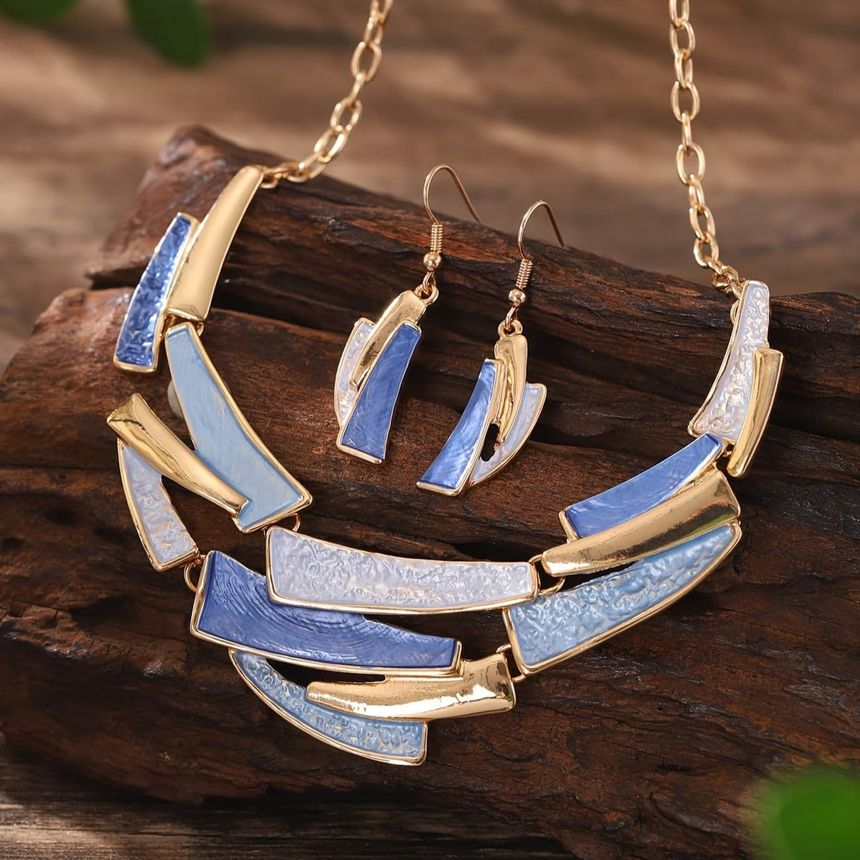 JWIGP Boho Geometric Statement Jewelry Set for Women, Blue Enamel Chunky Gold Necklace Earrings Retro Vintage Layered Chunky Collar Fashion Jewelry Gifts (Blue set)