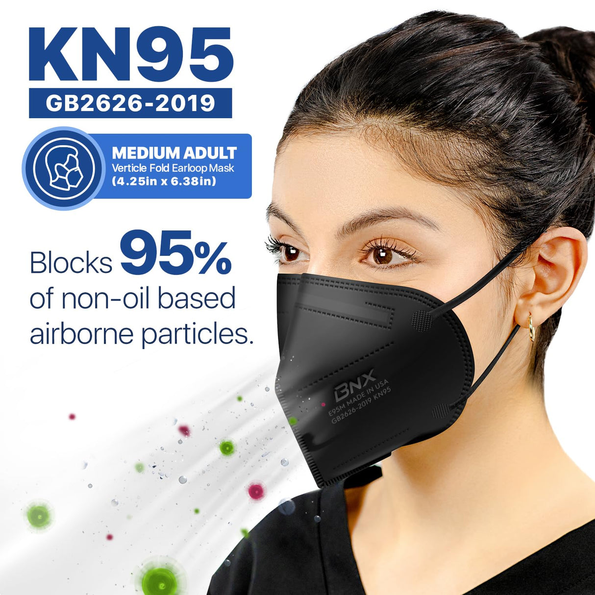 AccuMed BNX KN95 Face Mask Made in USA, KN95 Mask Disposable Particulate Protective Mask, GB2626-2019, Protection Against Dust, Pollen and Haze (20 pcs) (Earloop) (Model: E95M) Black