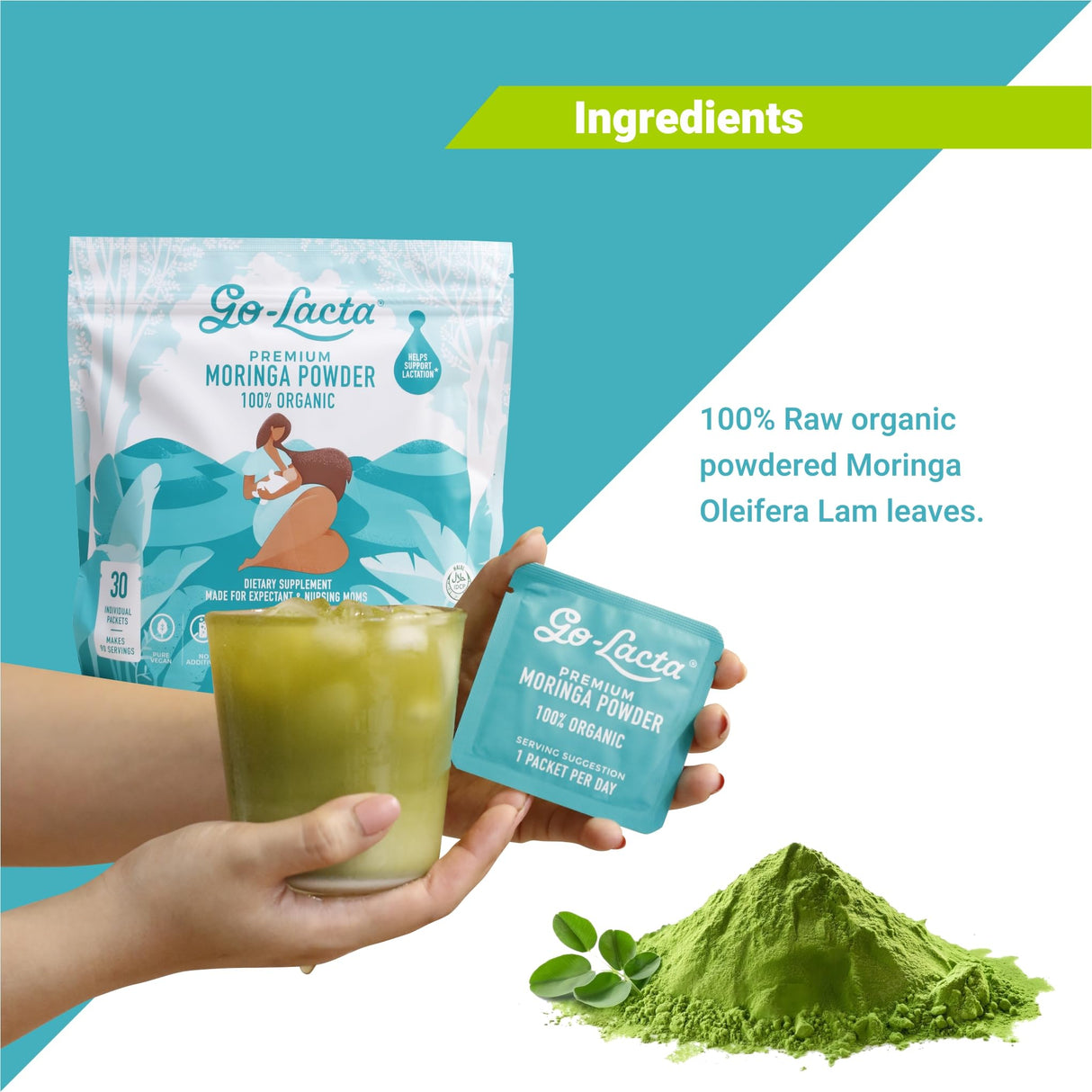 Go-Lacta® Super Moringa Powder: Boost Breast Milk Naturally! 30 3g Packets of Pure Organic Moringa - Perfect for Moms, 100% Vegan