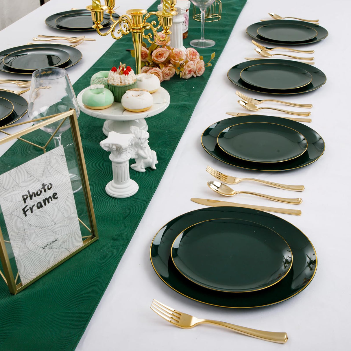 PULOTE 100PCS Green Plastic Plates - Green Disposable Plates With Gold Rim - Include 50 Pieces Dinner 10.25inch,50 Pieces Dessert 7.5inch for Party&Christmas