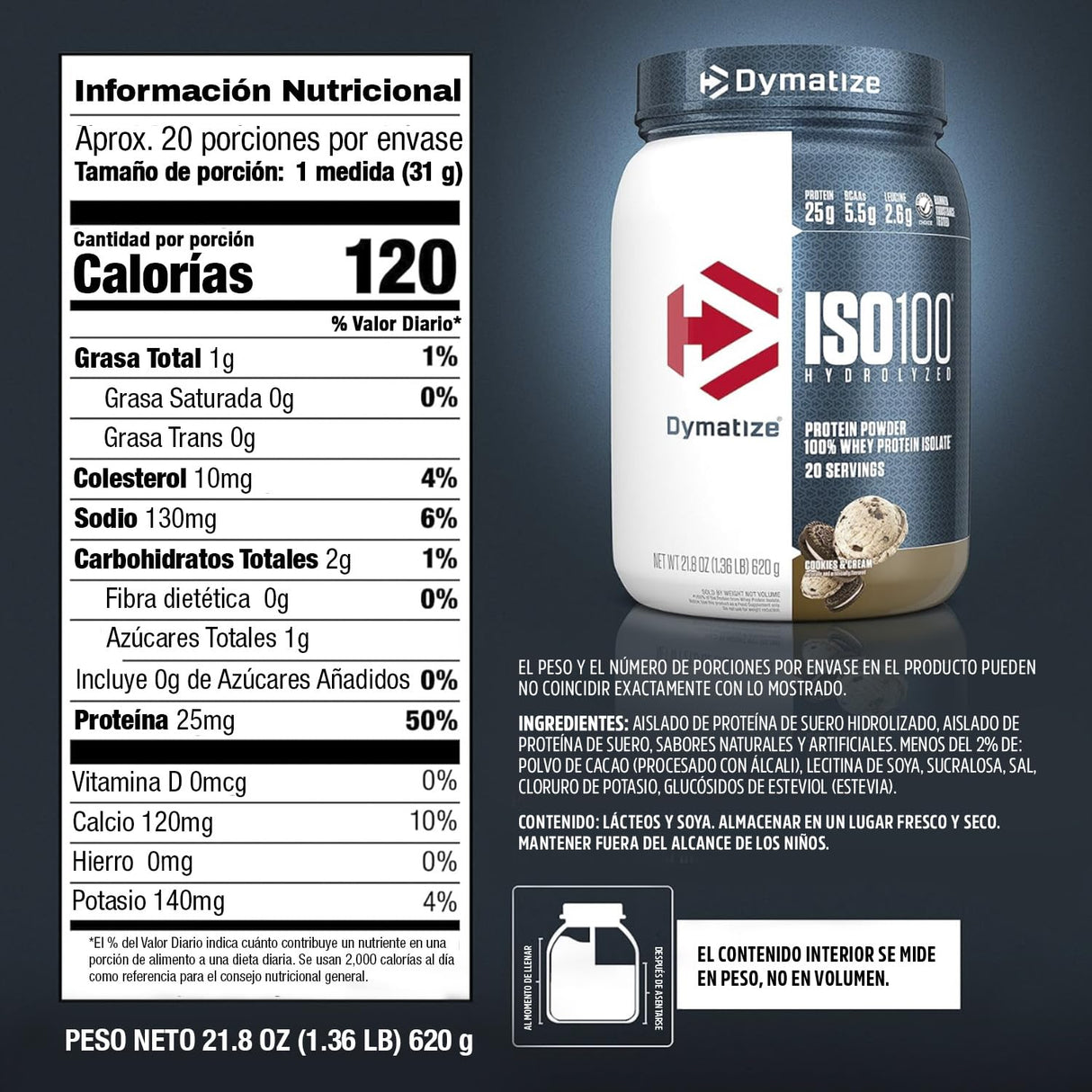 Dymatize ISO100 Whey Protein Powder Isolate, Cookies & Cream, 25g of Protein, 20 Servings, 5.5g BCAAs, Less Than 120 Cal., Gluten Free, 1g Fat, 1g Sugar, 2g Carb