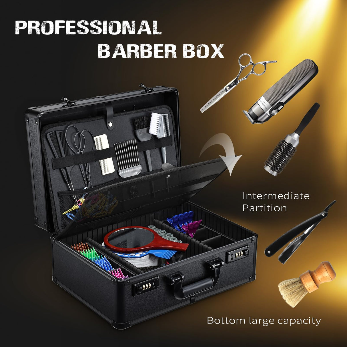 Barber Accessories Case, Profesional Barbers Briefcase Tool Case, Barber Cases for Clippers and Supplies, Hair Scissors Clippers Trimmer Organizer, Barbers Suitcase with Code Lock Black