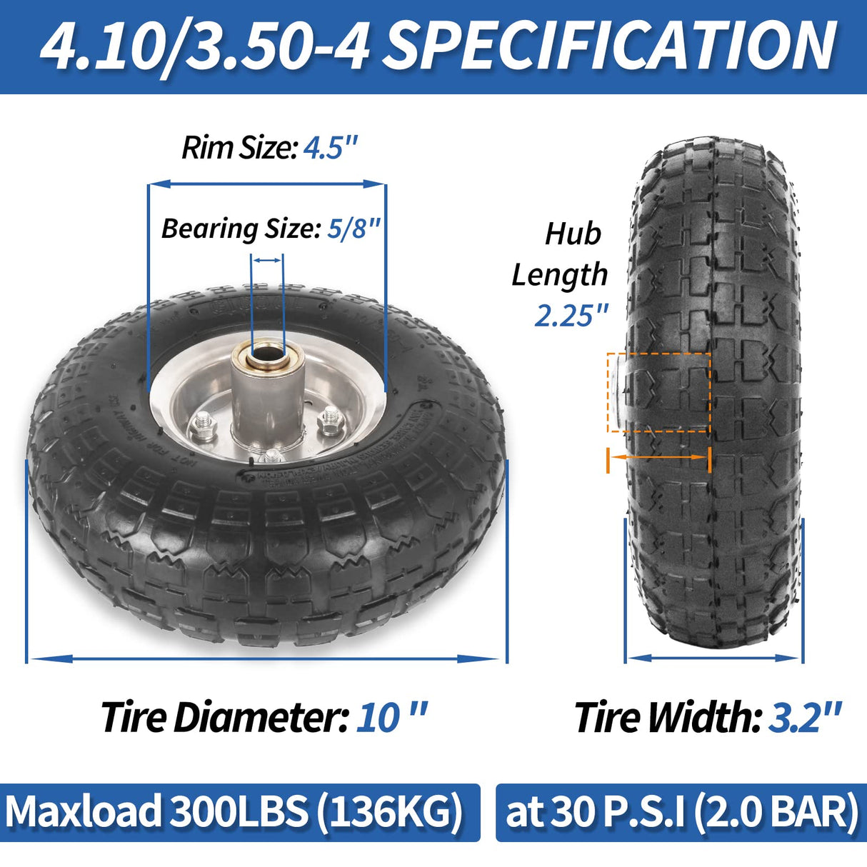GICOOL 4.10/3.50-4" Tire and Wheel, 10" Pneumatic Tire, 4 Pack, with 2 1/4" Offset Hub, 5/8" Axle Bore Hole, Sealed Bearings for Hand Truck Trolley Dolly Garden Wagon Cart Wheel Replacement