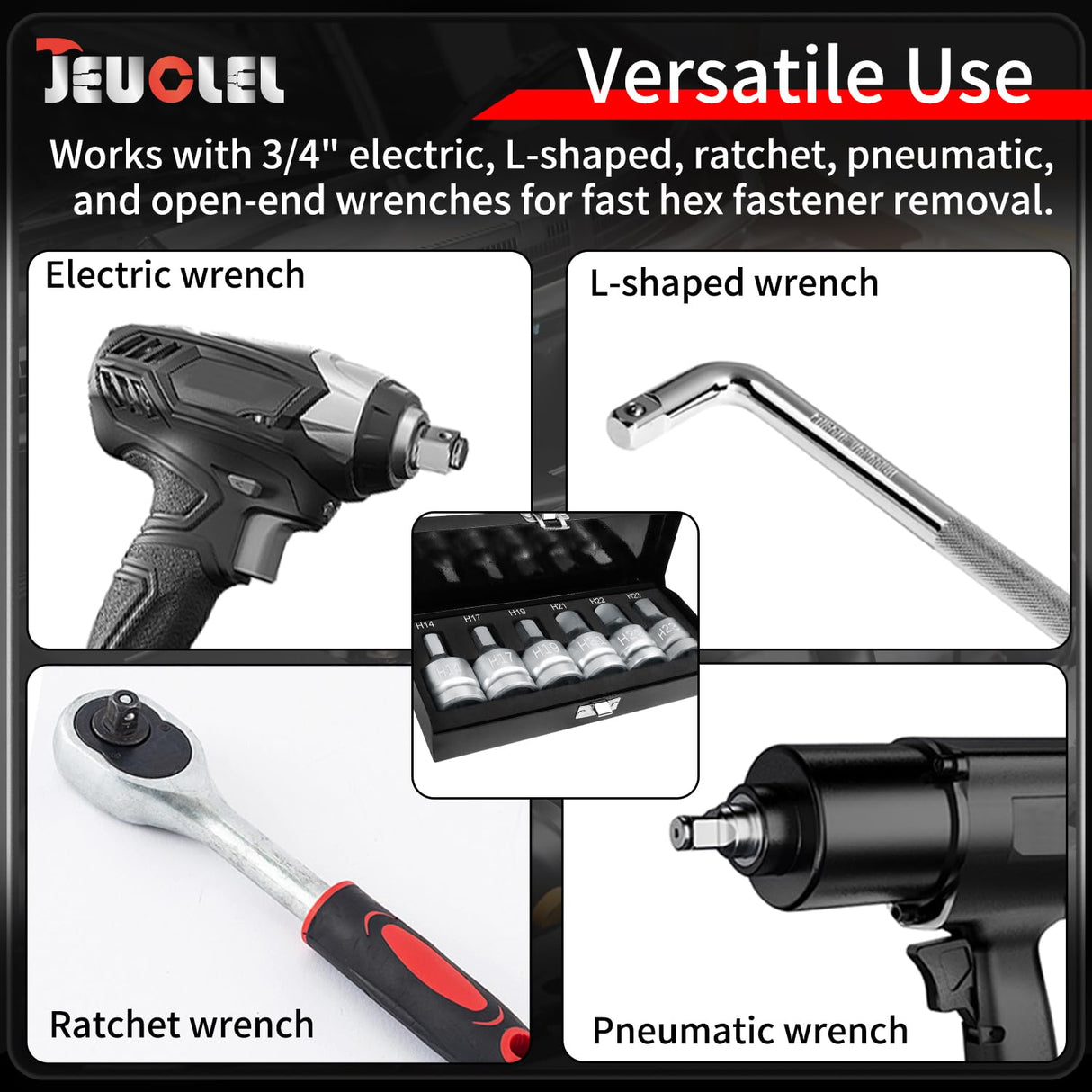 JEUCLEL 6PCS 3/4"Drive Hex Allen Bit Socket set, Cr-MO H14 H17 H19 H21 H22 H23 Drive Impact Hex Socket Kit, Hex Screwdriver Socket Adapter, Hand Repair Remover Tool