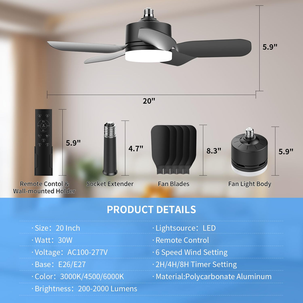 aupuslite 20" Socket Fan Light with Remote, 30W 2000 Lumens, 3 Colors 3000-6000K Small Ceiling Fans with Lights 6 Speed Wind Light Bulb Fan for Bedroom, Living Room, Kitchen, Laundry Room