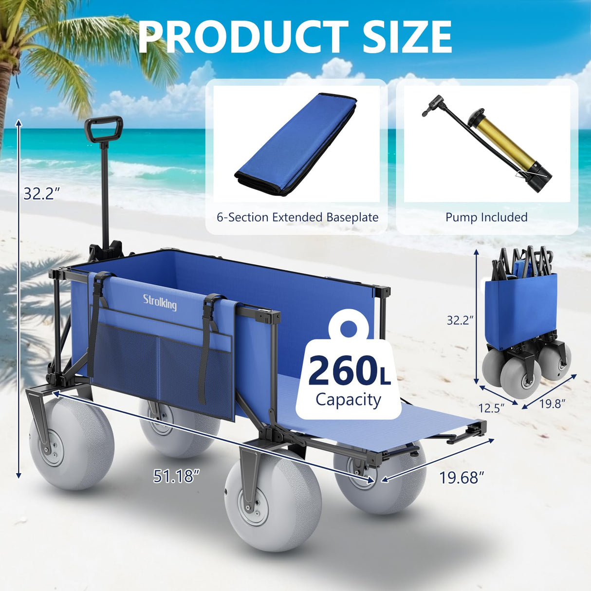 Strolking 51" Beach Wagon with 10" Inflatable PU Balloon Wheels, 440LBS Heavy Duty Beach Cart with Rear Tailgate, Air-Adjustable Foldable Wagon for Sand, Blue (Pump Included)