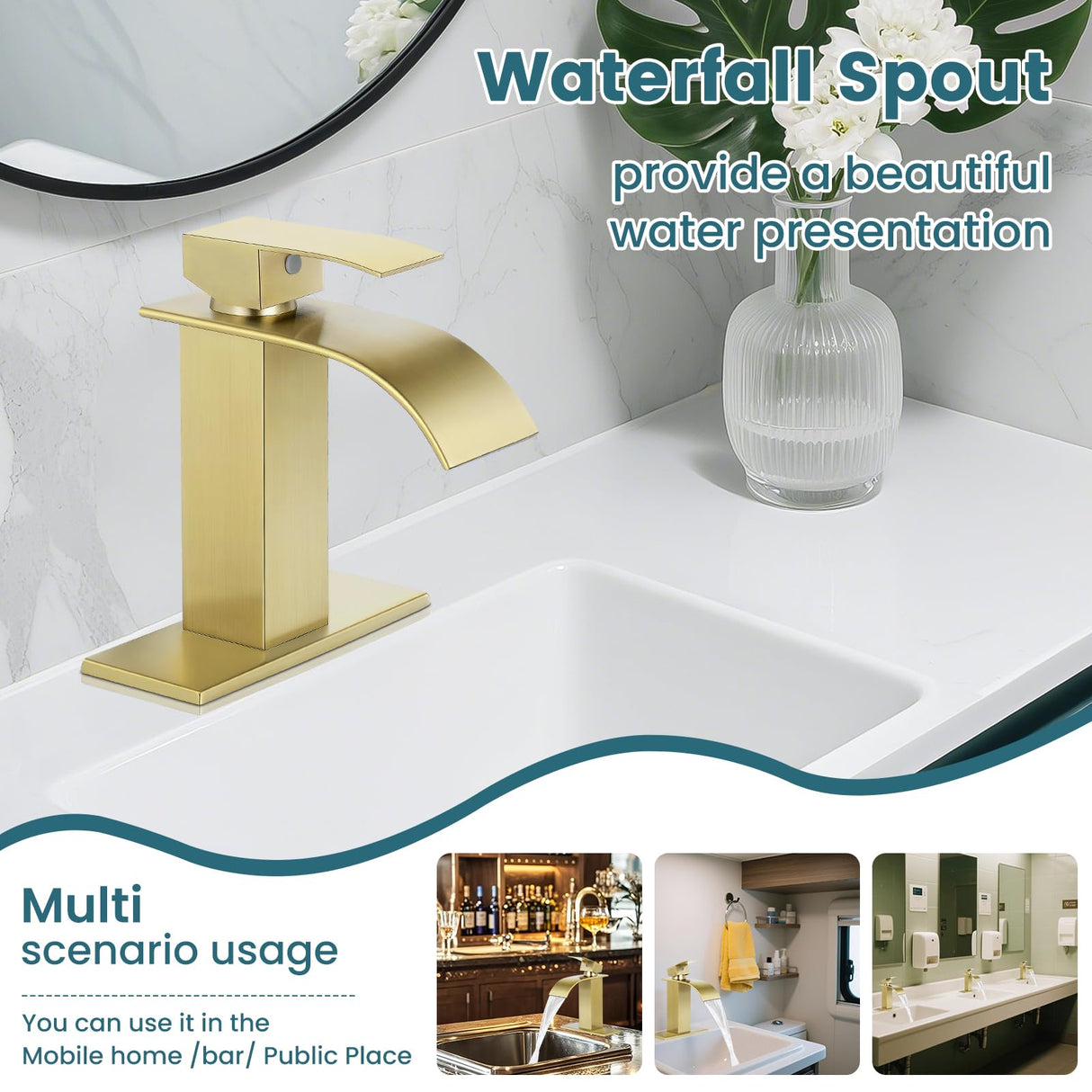 LUFG Bathroom Faucets Brushed Gold Waterfall Bathroom Sink Faucet Modern Single Handle Bathroom Faucet for 1 or 3 Hole Mxier Tap Washbasin Faucet with Deck, Pop-up Drain and Supply Hoses