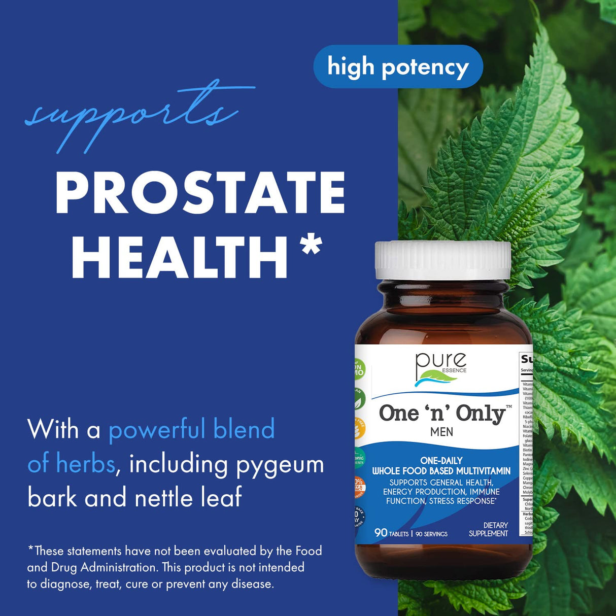 PURE ESSENCE LABS One N Only Multivitamin for Men, Natural One a Day Herbal Supplement with Vitamin D3, B12, and Biotin with Whole Foods, 90 Tablets