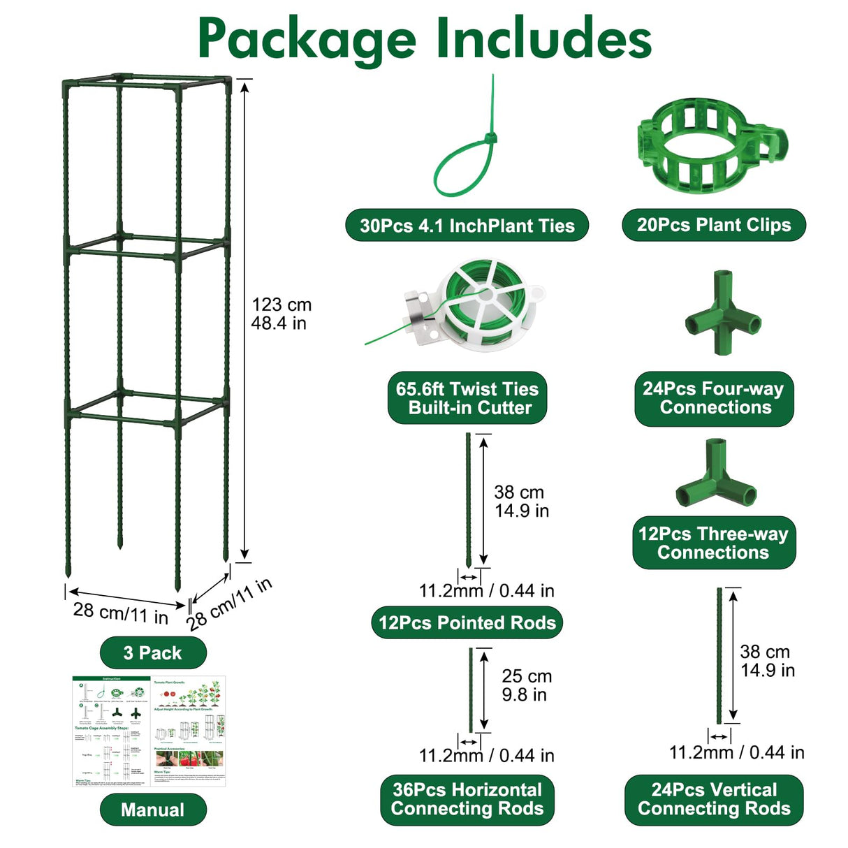 ROADPLUM 3 Pack 48" Tomato Cages for Garden, Plastic Coated Steel Pipe Heavy Duty Adjustable Tomato Stakes Trellis Plant Cages for Vegetable, Fruit, Flower, Rose Vine Climbing Plants