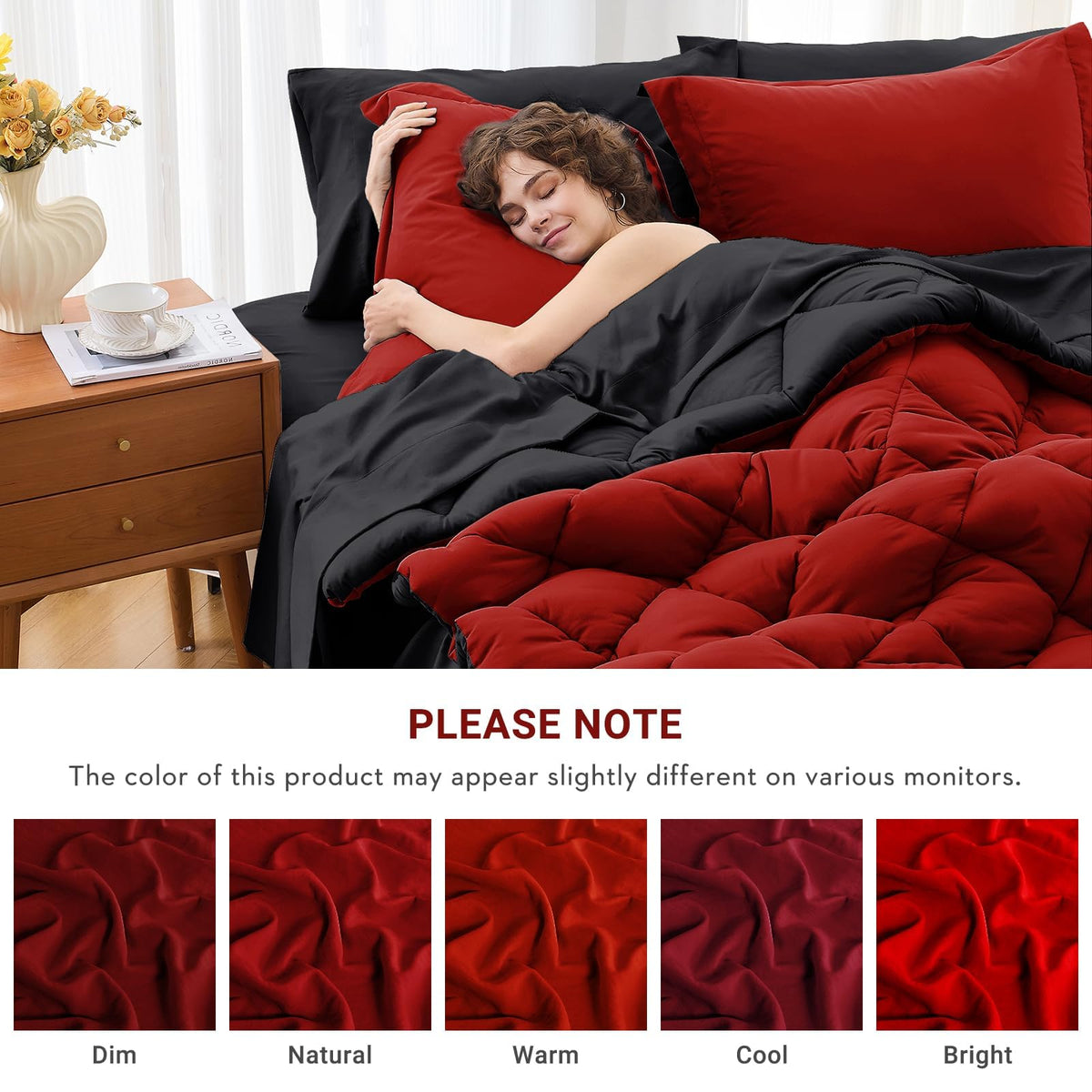 MUXHOMO Queen Comforter Set 7 Pieces, Reversible Bed in a Bag, Red/Black