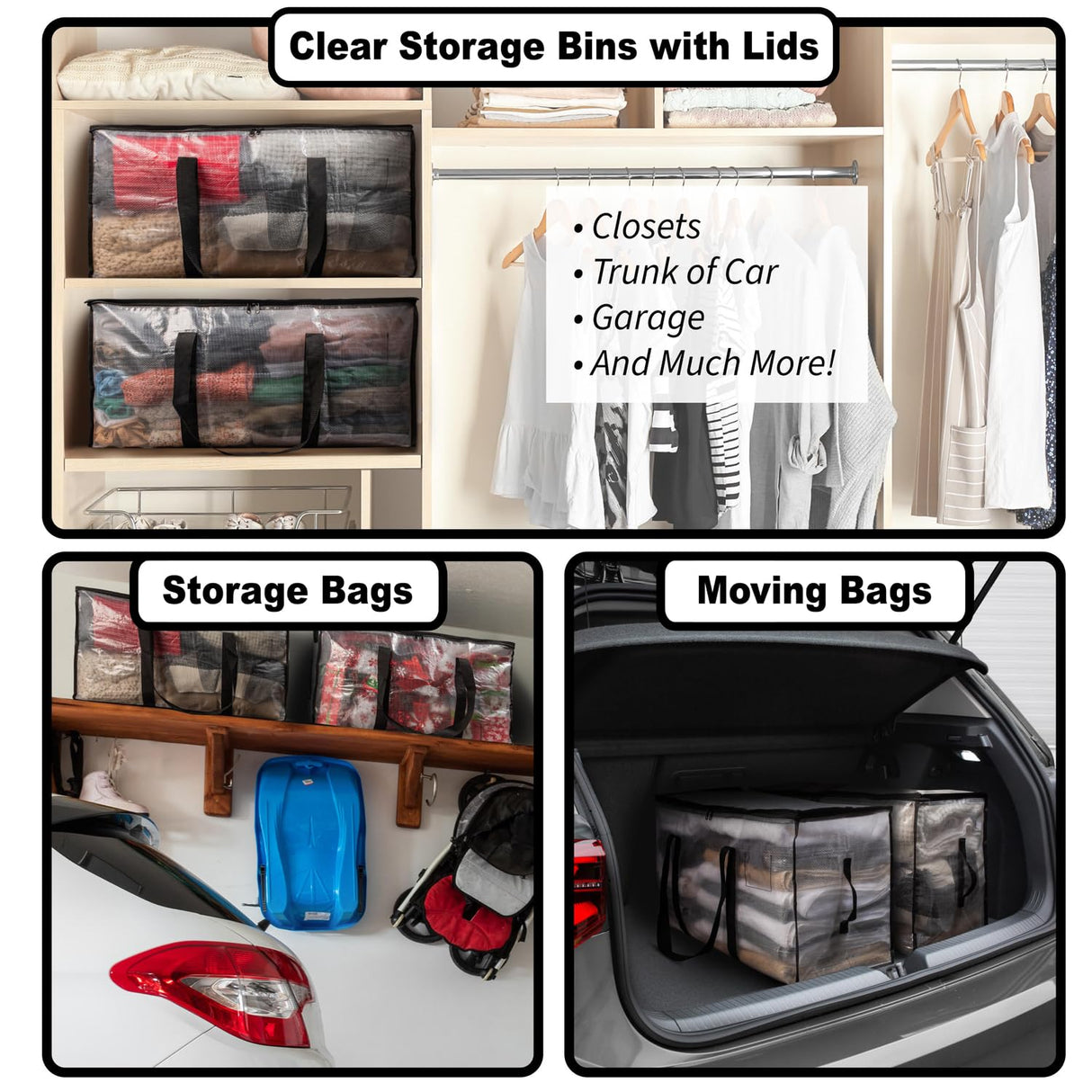ClearSpace Heavy Duty Storage Bags Clear Storage Bins with Lids, Large Packing Boxes with Backpack Straps & Zippers College Dorm Moving Supplies, 4 Pack