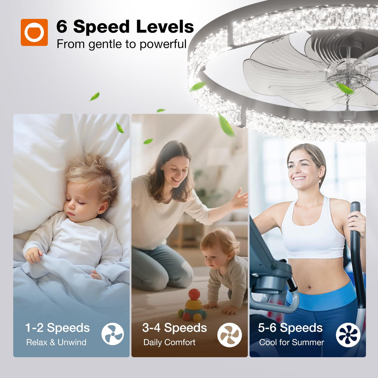 addlon Ceiling Fans with Lights and Remote, 24'' Low Profile Flush Mount Ceiling Fan, 3000–6000K Dimmable LED Fandelier, Bladeless Crystal Fan Light for Bedroom, Kitchen, Living Room, Black