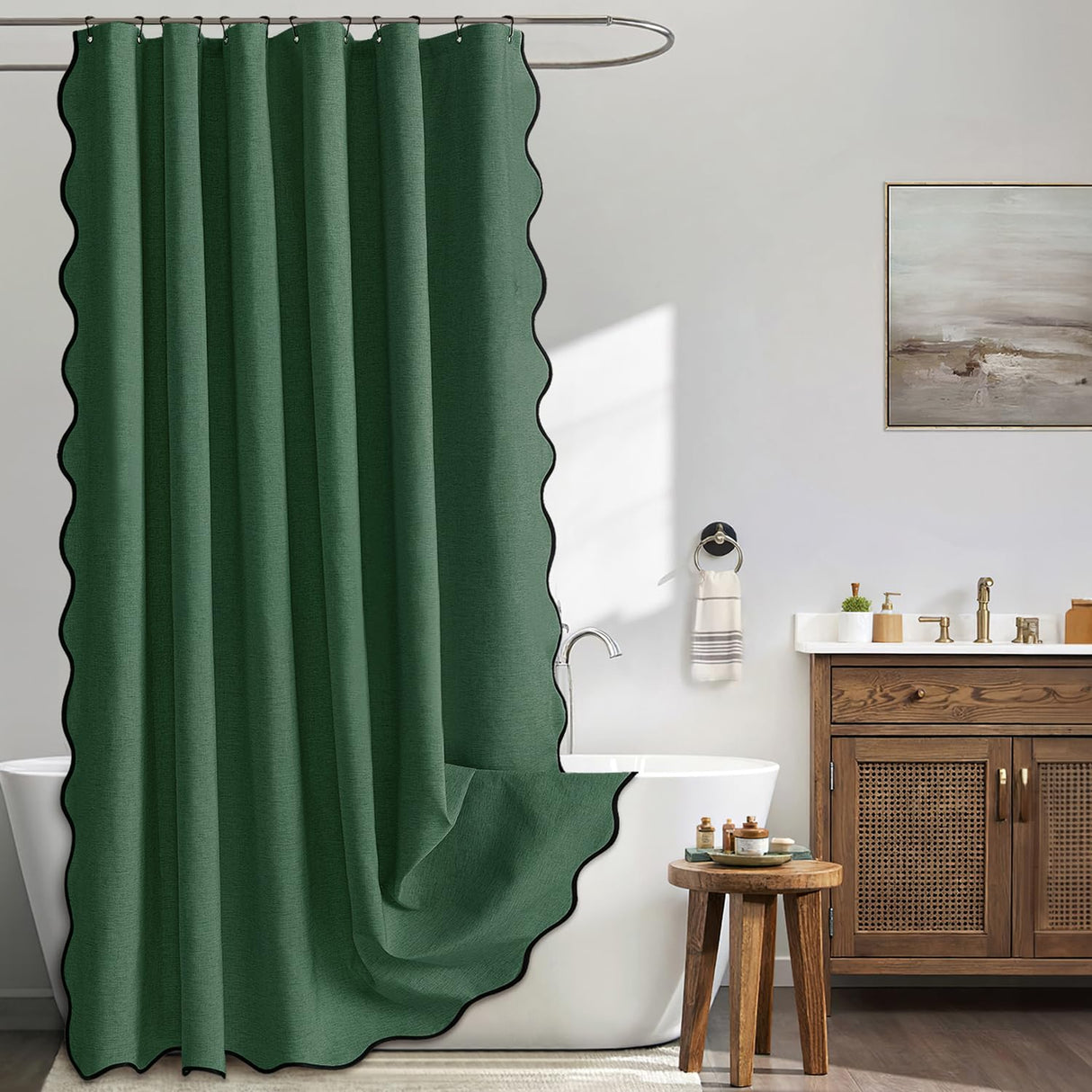 MIULEE Christmas Dark Green Scalloped Shower Curtain Linen Textured with 12 Metal Hooks Cute Heavy Duty Washable Waterproof Thick Cloth Shower Curtains with Black Border for Bathroom Hotel,W72*L72