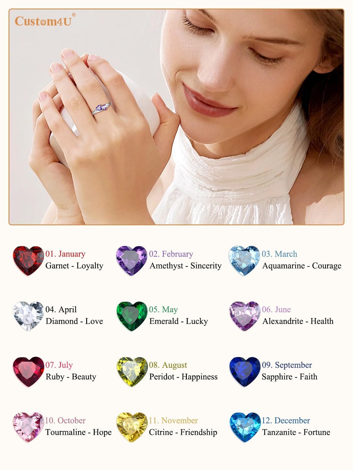Custom4U Personalized Mothers Ring 3 Birthstones Rings for Women Custom
