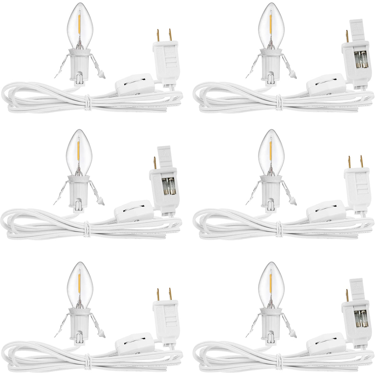 6 Packs 6ft Village Light Cord with 1W C7 LED Bulb, Salt Lamp Cord with ON/Off Switch and 2 Spare Fuses, Blow Mold Light Ideal for Christmas Village House Craft Decorations