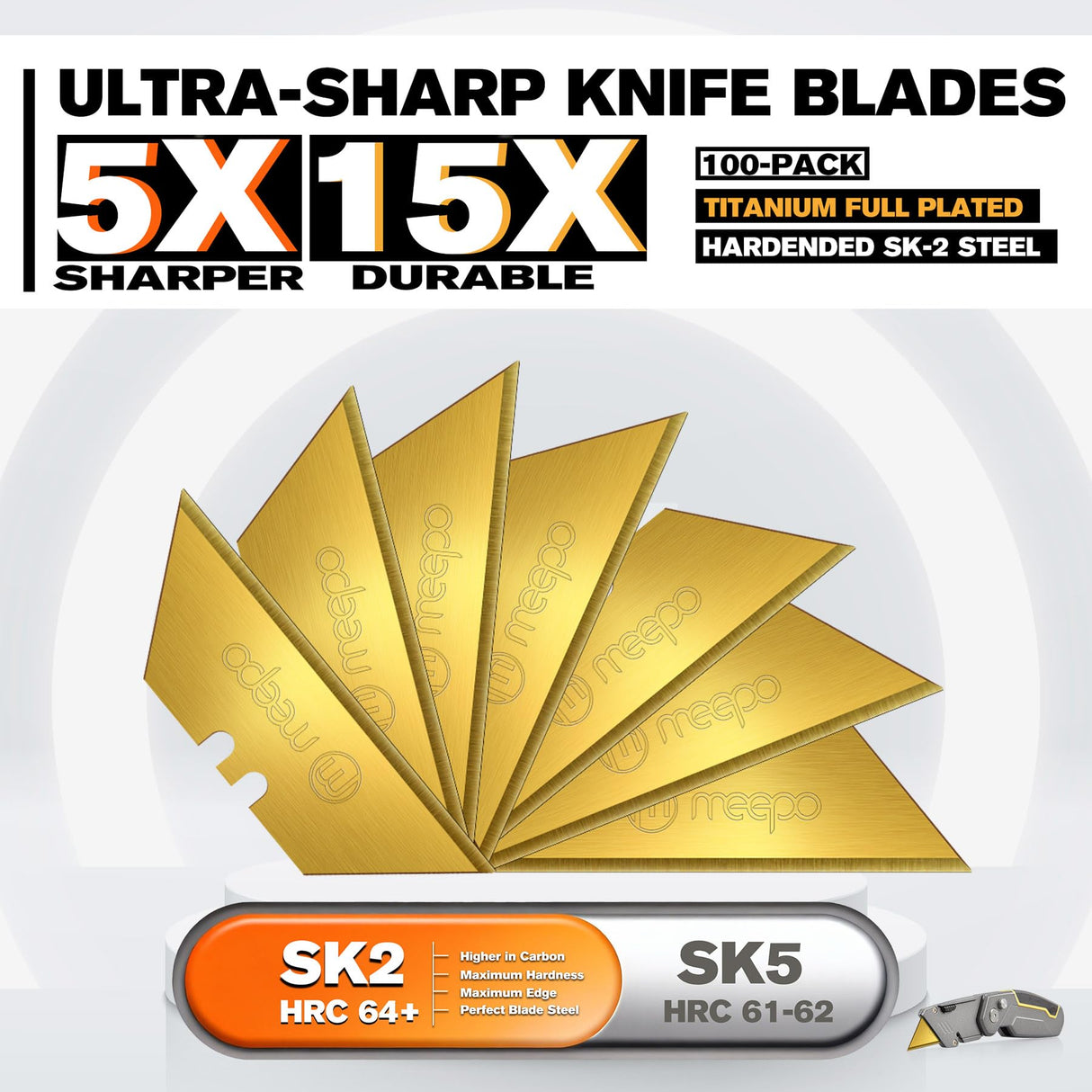 M MEEPO 100-Pack Utility Knife Blades, Titanium Fully Plated, Durable SK-2 Razor Blades for Utility Knife Box Cutter, Never Rust, Extra Durable, With 1-blade & 5-blade Dispenser